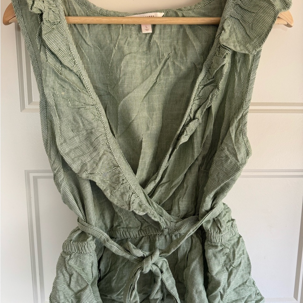 Green Stripe criss-cross peplum top with tie